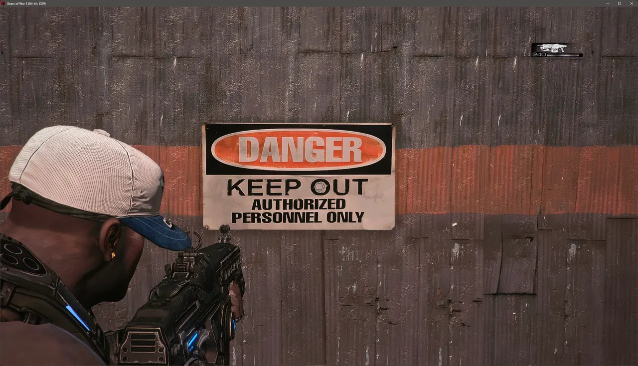 Gears of War 3 with the HD Textures Pack: Marcus and a DANGER sign in sharp detail
