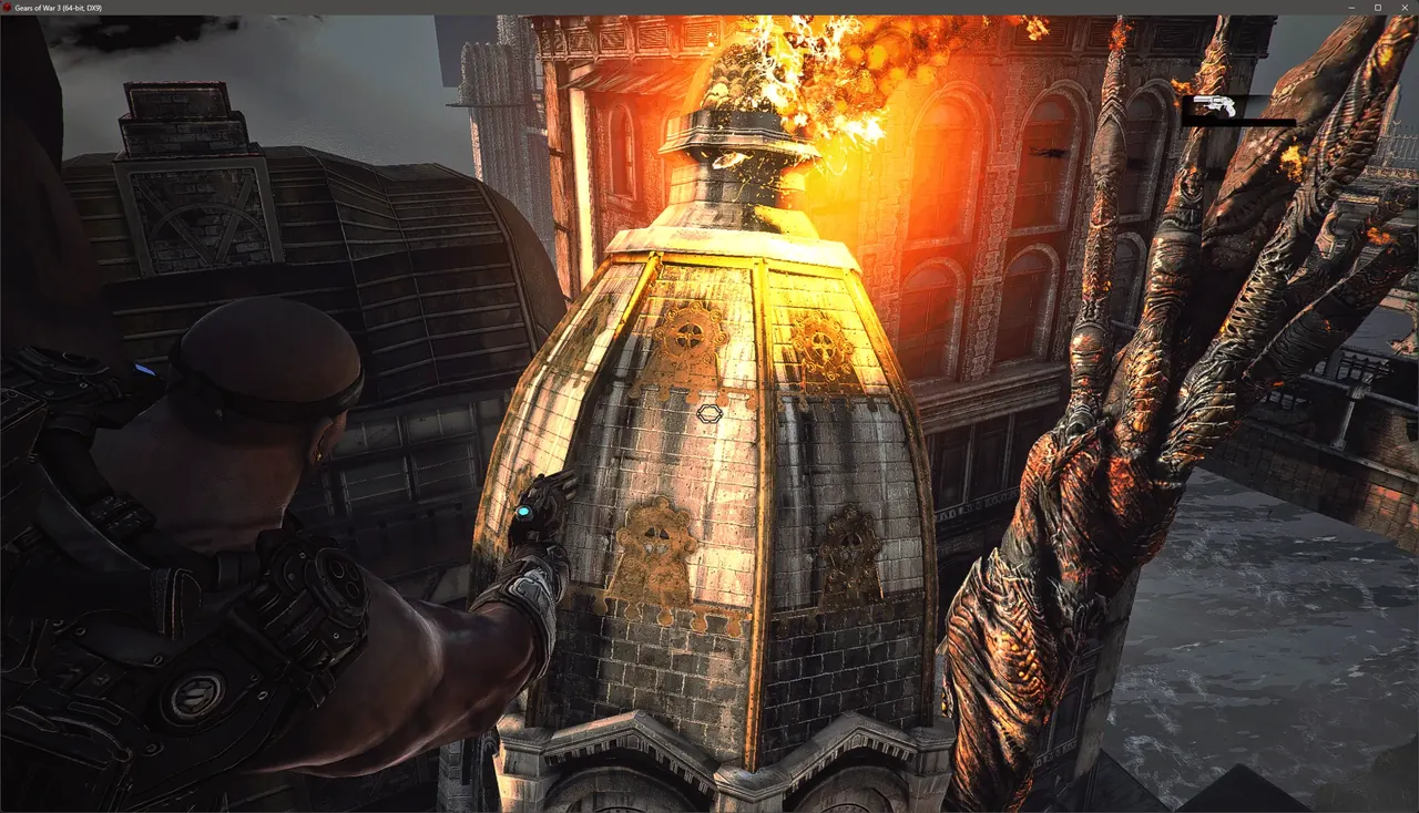 Gears of War 3 with the HD Textures Pack: a golden domed structure on fire