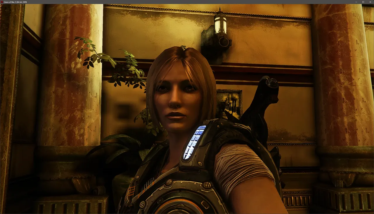 Gears of War 3 with the HD Textures Pack: a character portrait inside a palace