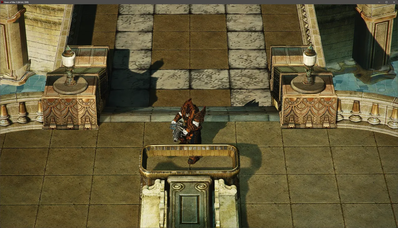 Gears of War 3 with the HD Textures Pack: a city fountain plaza