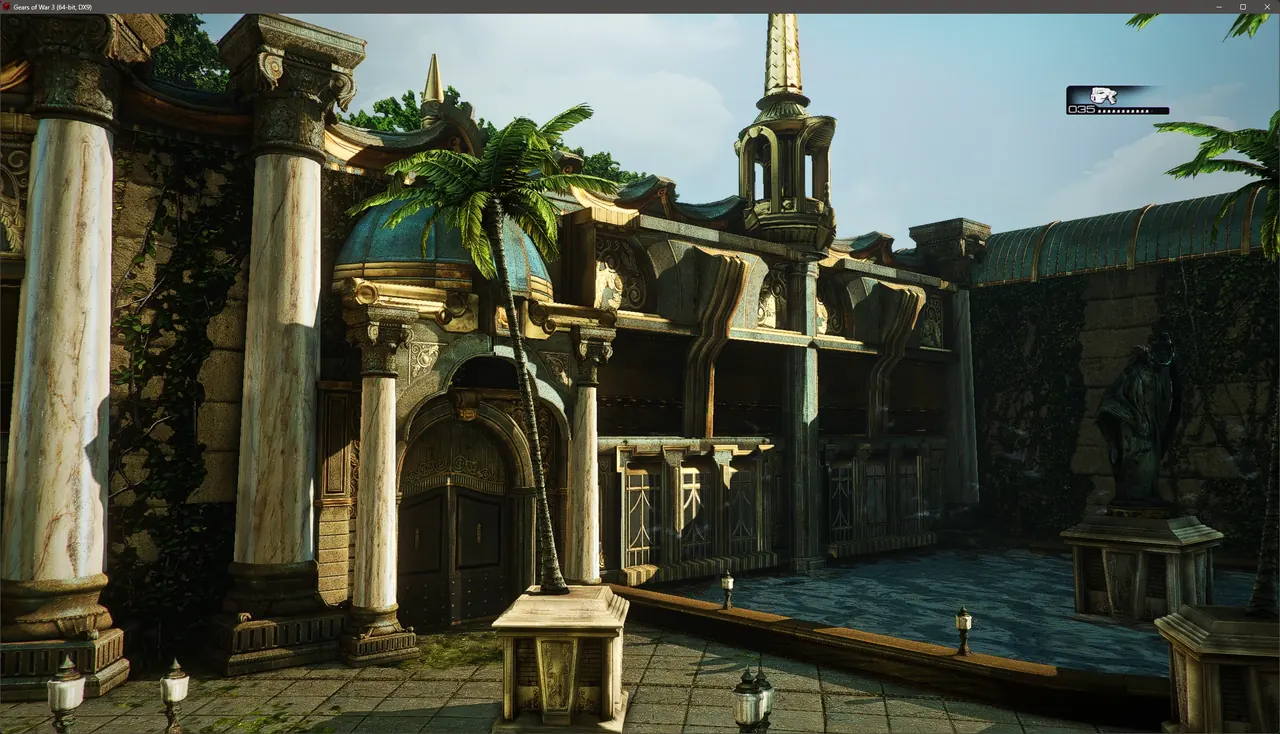 Gears of War 3 with the HD Textures Pack: a stone courtyard with statues
