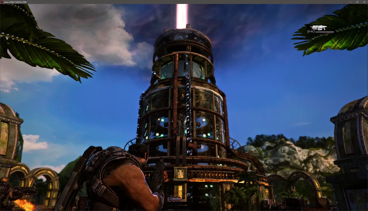 Gears of War 3 with the HD Textures Pack: a tower among palm trees