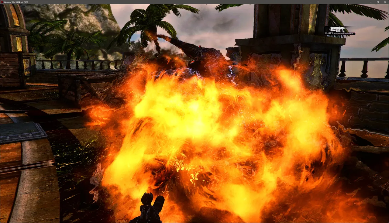 Gears of War 3 with the HD Textures Pack: an explosion in a corridor