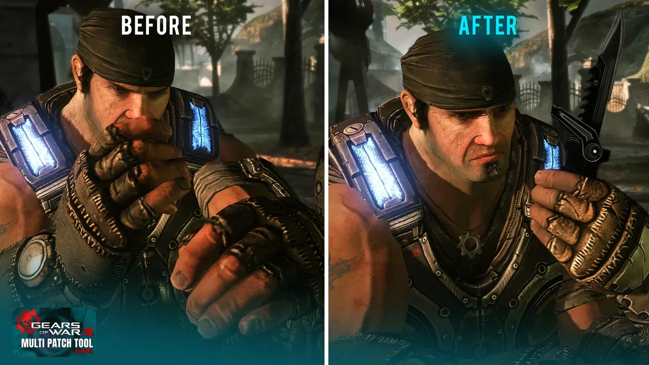 Before and after: Marcus now receives Dom's knife in the Mercy cinematic