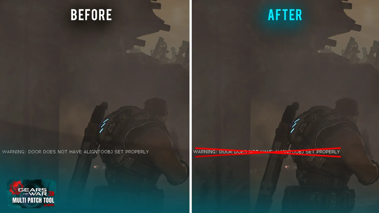 Before and after: on-screen developer warning text removed