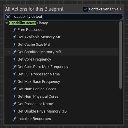 Searching for Capability Detect functions in the Unreal Blueprint action menu
